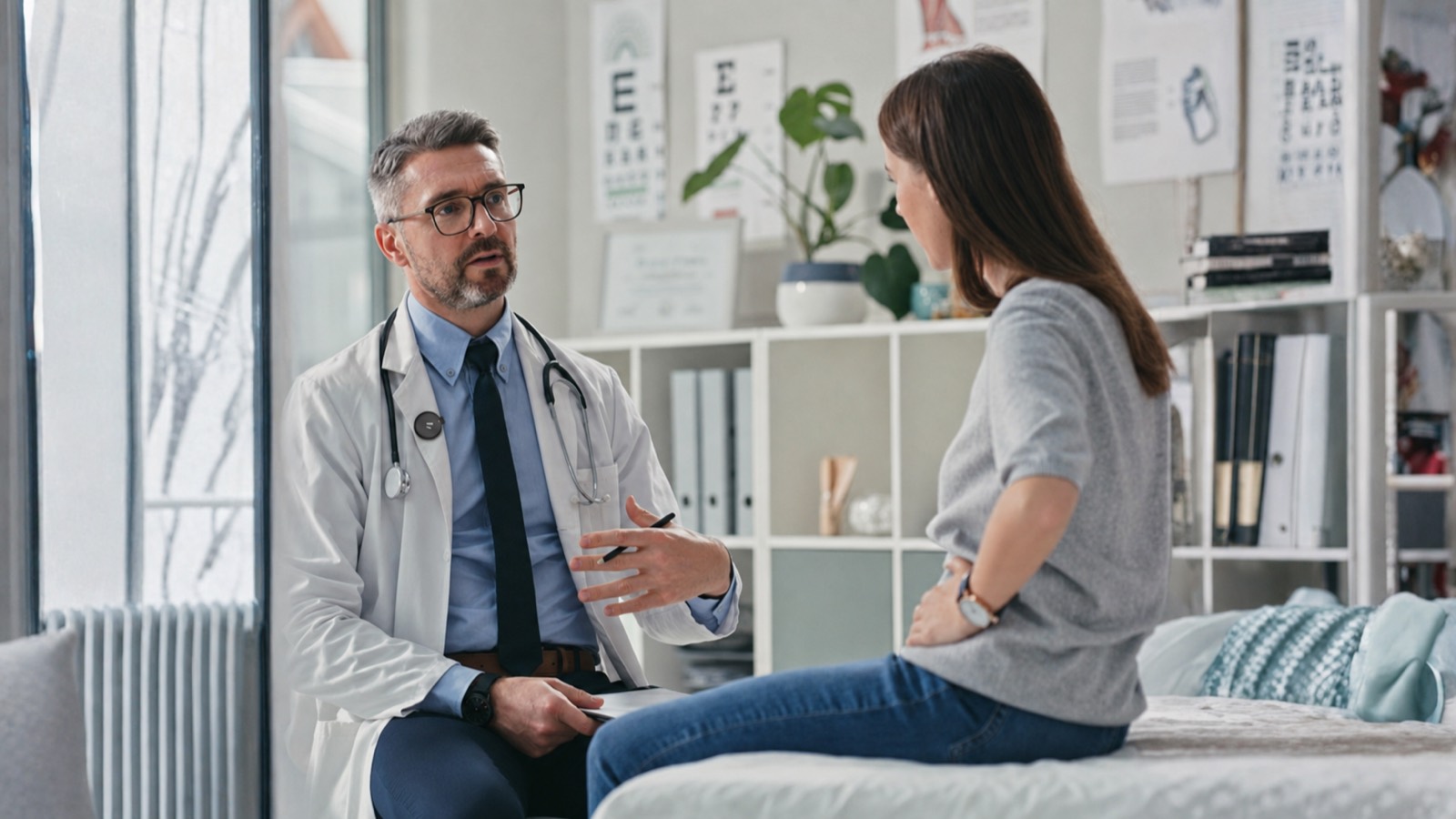 Un médecin en consultation avec une patiente, Rick porté sur sa blouse