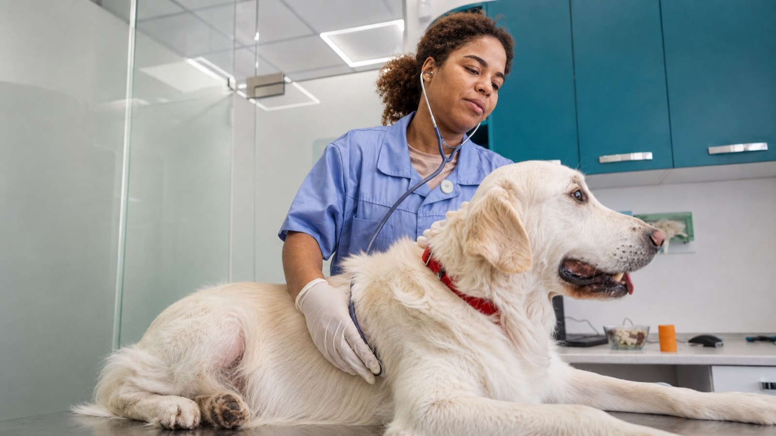 Une vétérinaire ausculte un chien, Rick porté sur sa blouse